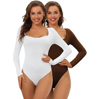 2 Packs Women's Long Sleeve Bodysuit Shapewear Slim Fit Stretchy Square Neck Leotard Jumpsuit Tops