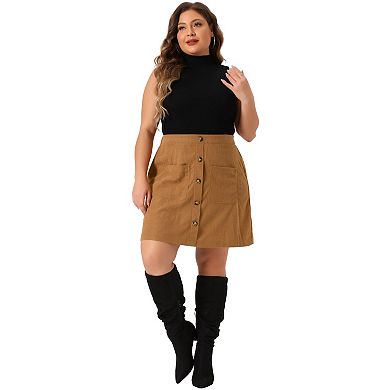 Plus Size Skirt for Women High Waist Corduroy Midi a Line Skirt with Pocket