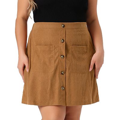 Agnes Orinda Women s Plus Size High Waist Button Front with Pocket Mini Corduroy A Line Skirt Brown 2x