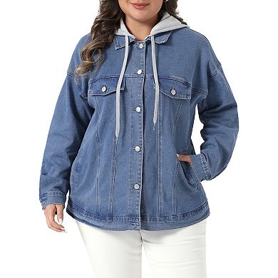 Women's Plus Size Denim Jacket Layered Drawstring Detachable Hoodie Jean Jackets with Pockets