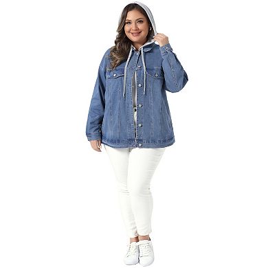 Women's Plus Size Denim Jacket Layered Drawstring Detachable Hoodie Jean Jackets with Pockets