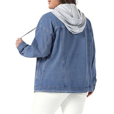 Women's Plus Size Denim Jacket Layered Drawstring Detachable Hoodie Jean Jackets with Pockets