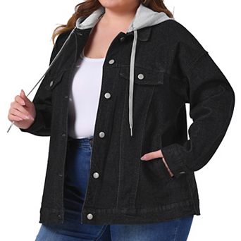 Women's Plus Size Denim Jacket Layered Drawstring Detachable Hoodie Jean Jackets with Pockets