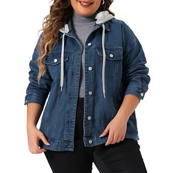 Women's Plus Size Denim Jacket Layered Drawstring Detachable Hoodie Jean Jackets with Pockets