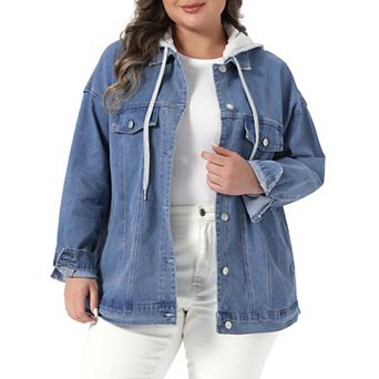 Women's Plus Size Denim Jacket Layered Drawstring Detachable Hoodie Jean Jackets with Pockets