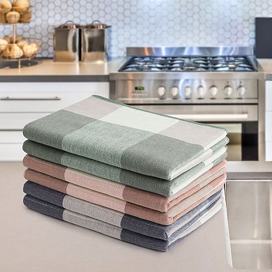 100% Cotton Terry Kitchen Towels, Big Buffalo Check, 6 Pack Soft Absorbent Quick Dry Dish Towels