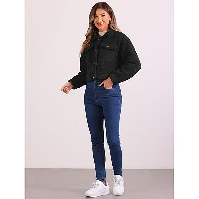 Short Jacket For Women's Faux Fur Lapel Button Down Winter Casual Long Sleeve Jackets