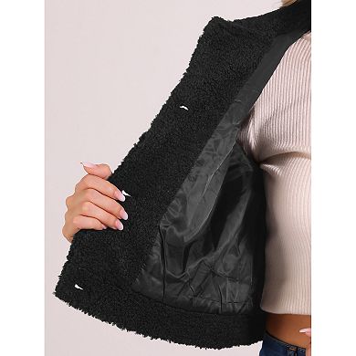 Short Jacket For Women's Faux Fur Lapel Button Down Winter Casual Long Sleeve Jackets