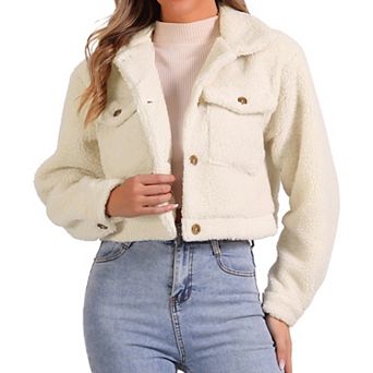Short Jacket For Women's Faux Fur Lapel Button Down Winter Casual Long Sleeve Jackets