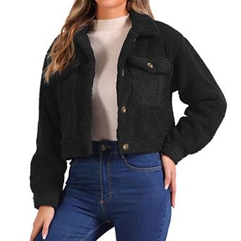 Short Jacket For Women's Faux Fur Lapel Button Down Winter Casual Long Sleeve Jackets