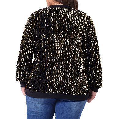 Plus Size Sequin Jacket for Women Long Sleeve Front Zip Bomber Jacket with Pockets