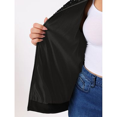Plus Size Sequin Jacket for Women Long Sleeve Front Zip Bomber Jacket with Pockets