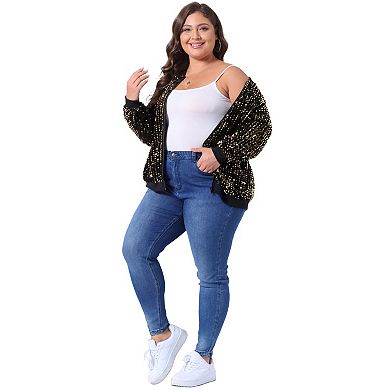 Plus Size Sequin Jacket for Women Long Sleeve Front Zip Bomber Jacket with Pockets