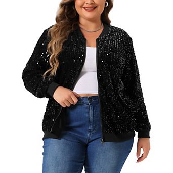 Plus Size Sequin Jacket for Women Long Sleeve Front Zip Bomber Jacket with Pockets