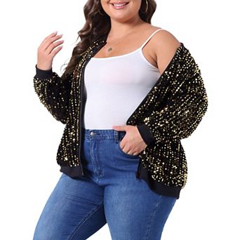 Plus Size Sequin Jacket for Women Long Sleeve Front Zip Bomber Jacket with Pockets