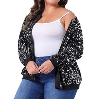 Plus Size Sequin Jacket for Women Long Sleeve Front Zip Bomber Jacket with Pockets