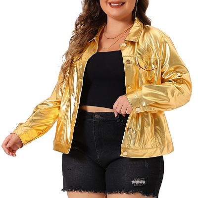 Women's Plus Size Metallic Moto Biker Jacket Holographic Shiny