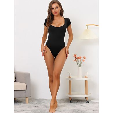 2packs Women's Square Neck Bodysuit Tummy Control Shapewear Thong Short Sleeve Leotard