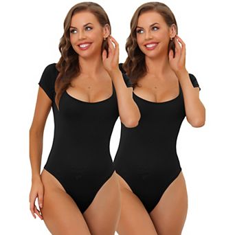 2packs Women's Square Neck Bodysuit Tummy Control Shapewear Thong Short Sleeve Leotard