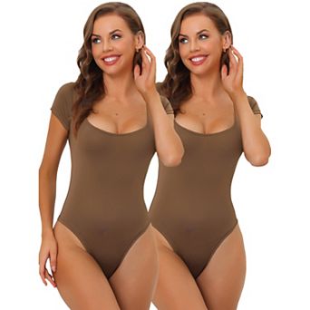 2packs Women's Square Neck Bodysuit Tummy Control Shapewear Thong Short Sleeve Leotard