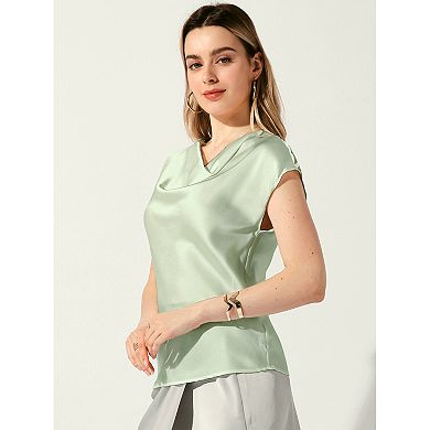 Satin Top For Women's Cowl Neck Short Sleeve Dressy Casual Blouse