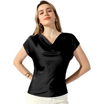 Satin Top For Women's Cowl Neck Short Sleeve Dressy Casual Blouse
