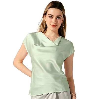 Satin Top For Women s Cowl Neck Short Sleeve Dressy Casual Blouse