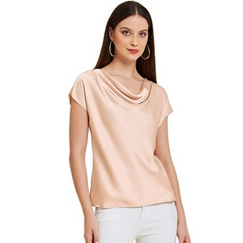Satin Top For Women's Cowl Neck Short Sleeve Dressy Casual Blouse