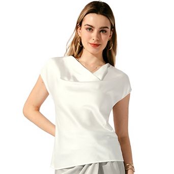 Satin Top For Women's Cowl Neck Short Sleeve Dressy Casual Blouse
