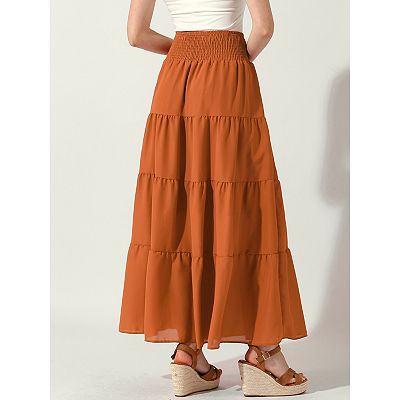 Women s Boho Skirts Summer Smocked Elastic Waist Tiered A line Beach Maxi Skirt