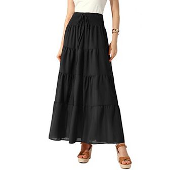 Women's Boho Skirts Summer Smocked Elastic Waist Tiered A-line Beach Maxi Skirt
