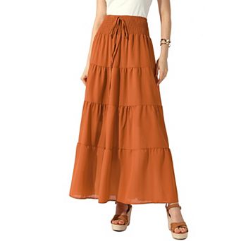 Women's Boho Skirts Summer Smocked Elastic Waist Tiered A-line Beach Maxi Skirt