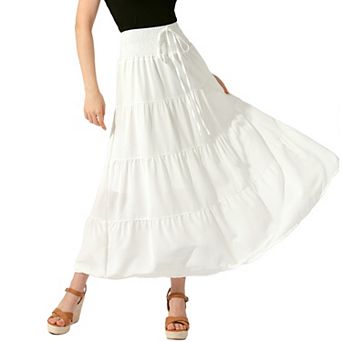 Women's Boho Skirts Summer Smocked Elastic Waist Tiered A-line Beach Maxi Skirt
