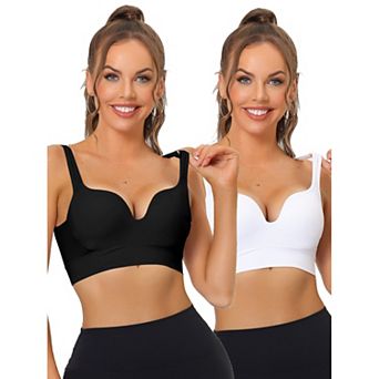 2packs Women's Medium Impact Workout Wireless Padded Deep V Neck Fitness Sports Bras