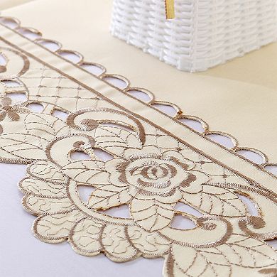 Embroidery Table Runner With Vintage Flower Tassel Beige Rose 16"x 59"