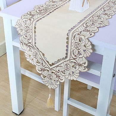 Embroidery Table Runner With Vintage Flower Tassel Beige Rose 16"x 59"