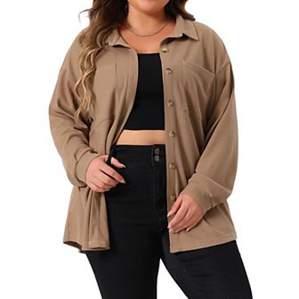 Plus Size Shirt Jacket for Women Waffle Knit Shacket Button Down Blouse Long Sleeve Tops
