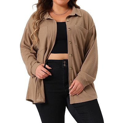 Plus Size Shirt Jacket for Women Waffle Knit Shacket Button Down