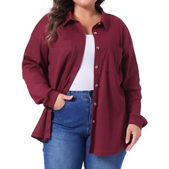 Plus Size Shirt Jacket for Women Waffle Knit Shacket Button Down Blouse Long Sleeve Tops