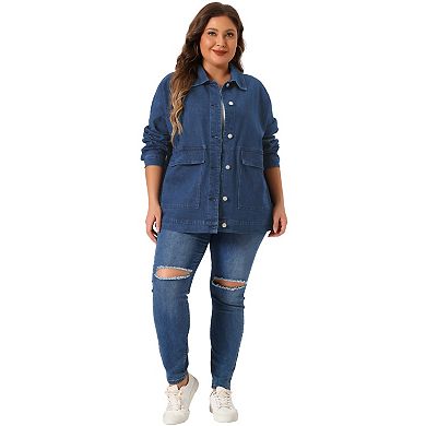 Women's Plus Size Denim Jacket Casual Vintage Long Sleeve Jean Top Coat with Pockets