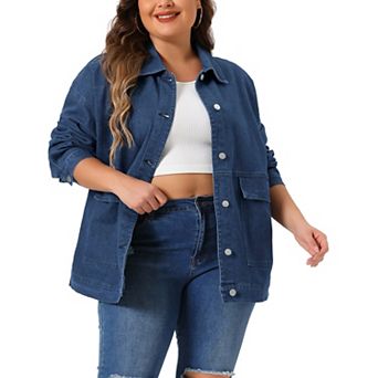 Women's Plus Size Denim Jacket Casual Vintage Long Sleeve Jean Top Coat with Pockets