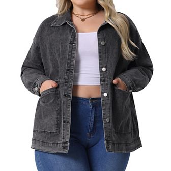 Women's Plus Size Denim Jacket Casual Vintage Long Sleeve Jean Top Coat with Pockets