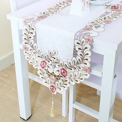 Classic Flower Embroidery Table Runner Tassel Decors Tea Rose 16"x59"