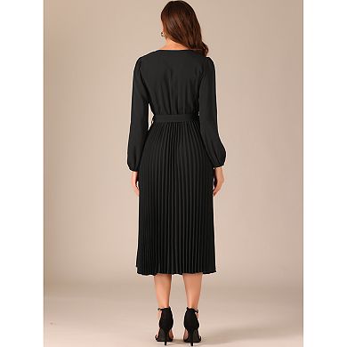 Elegant Pleated Swing Dress For Women's Solid Sleeveless V-neck Long Sleeve Work Dress