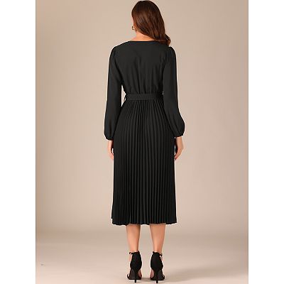 Elegant Pleated Swing Dress For Women's Solid Sleeveless V-neck Long Sleeve  Work Dress