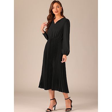 Elegant Pleated Swing Dress For Women's Solid Sleeveless V-neck Long Sleeve Work Dress