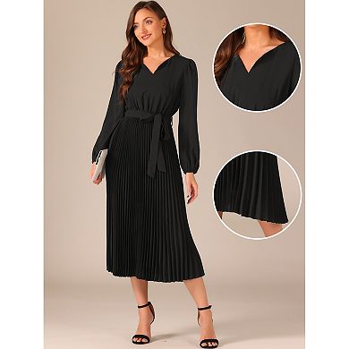 Elegant Pleated Swing Dress For Women's Solid Sleeveless V-neck Long Sleeve Work Dress