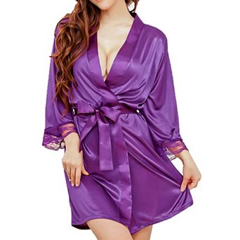 Silk Satin Women Lady Lingerie Robe Sleepwear Nightwear Kimono Gown Bathrobes Purple