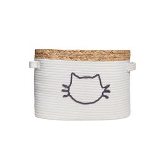 Zenna Home Zenna Pet Rope and Water Hyacinth Oval Pet Toy and Storage Basket with Cat Face Design