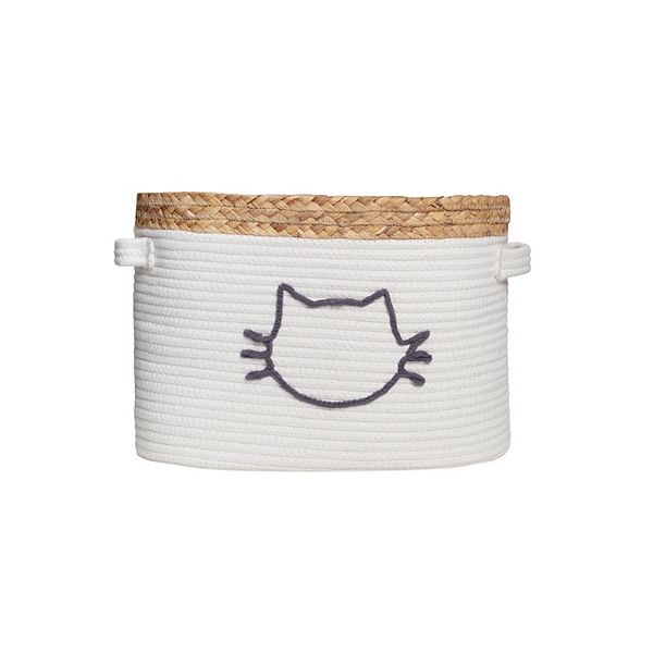 Zenna Home Zenna Pet Rope and Water Hyacinth Oval Pet Toy and Storage Basket with Cat Face Design - Ivory